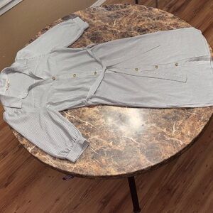 Monteau Pinstripe Midi Dress with Gold Accents